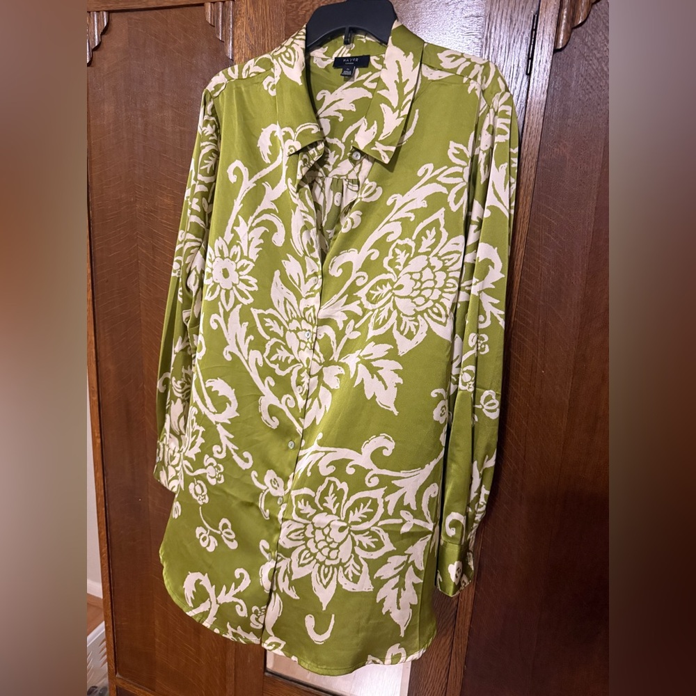 Haver London Chartreuse and Ivory Silky Button Down Top, 2X